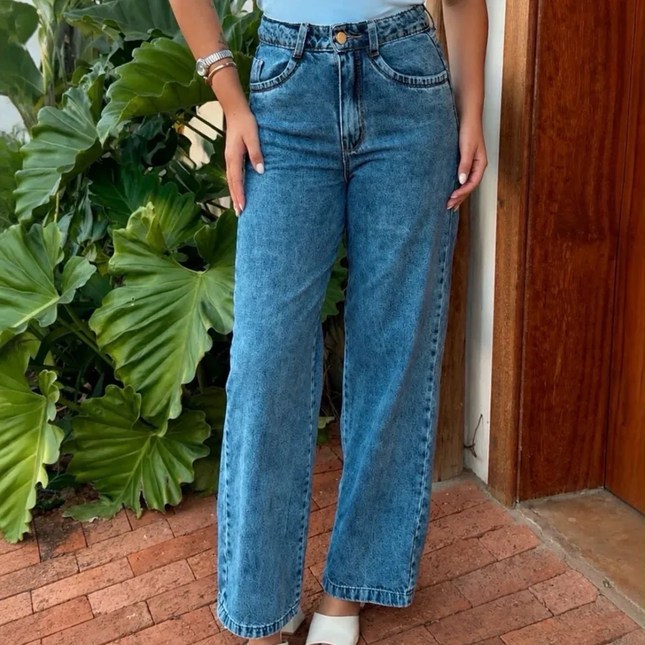 Calça Jeans Wide Leg Marmorizada